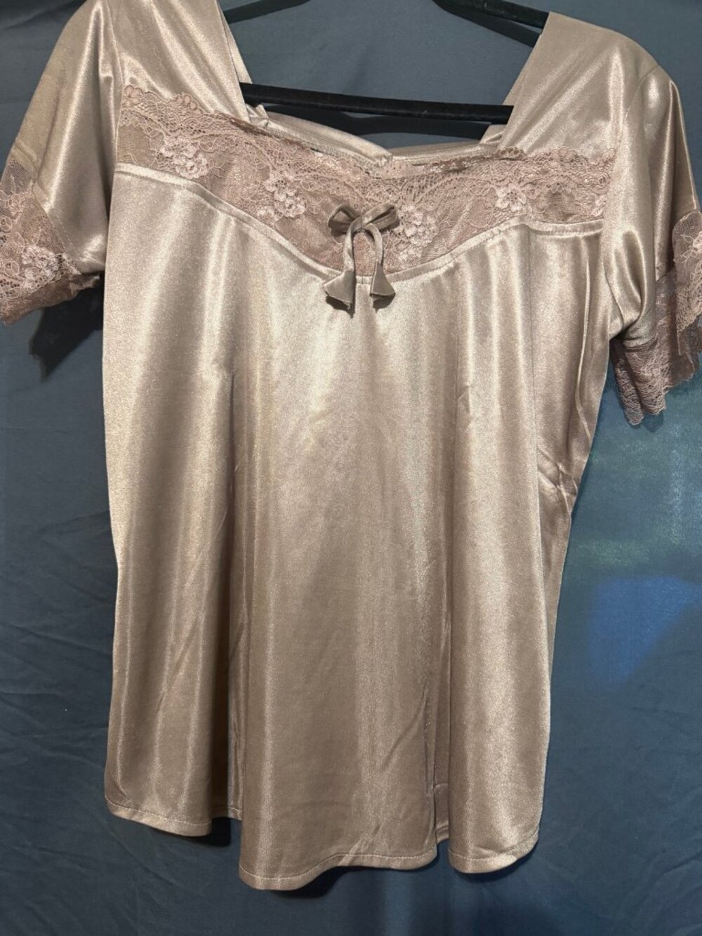 Stafy Champagne Satin Lace Trim Nightgown Womens L Pajama Sleep Top